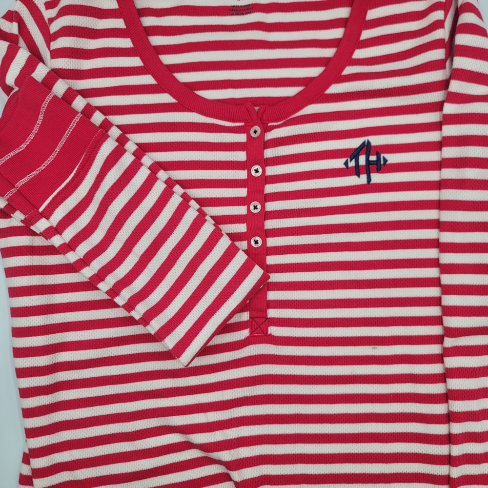 Tommy Hilfiger Red White Striped Waffle Knit Henley Long Sleeve Top Large Preppy